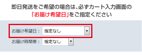 即日発送をご希望の場合は、必ずカート入力画面の 「お届け希望日」をご指定ください